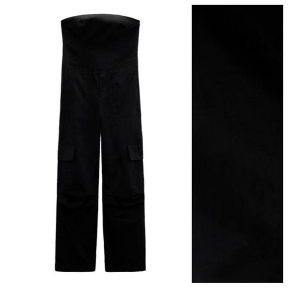 NWT . Zara Black Cotton Cargo Strapless Long Jumpsuit. Size S. - Picture 3 of 9
